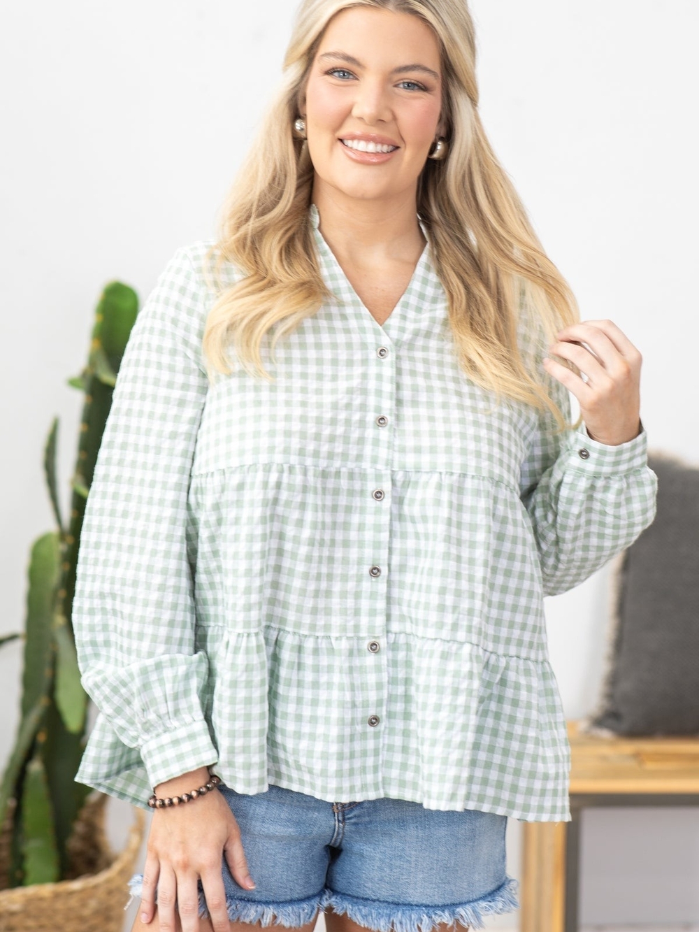 NWOT Andrew By Unit Sage Checkered Long Sleeve Button Up Woven Top- Small